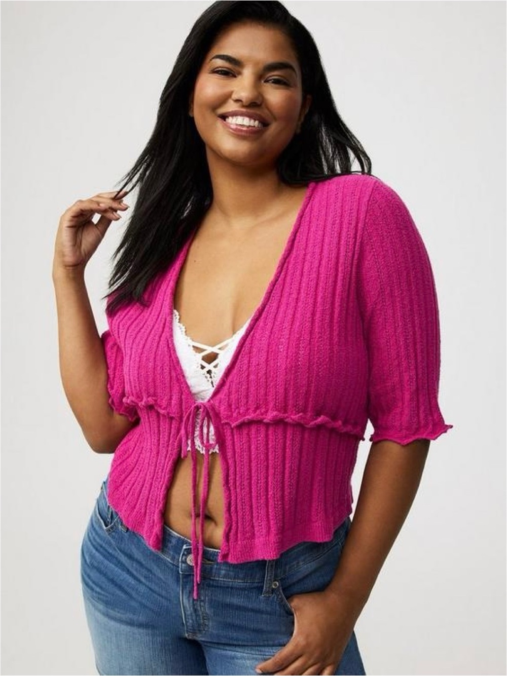 Torrid magenta half-sleeve single tie-front v-neck top (size 2/2X)